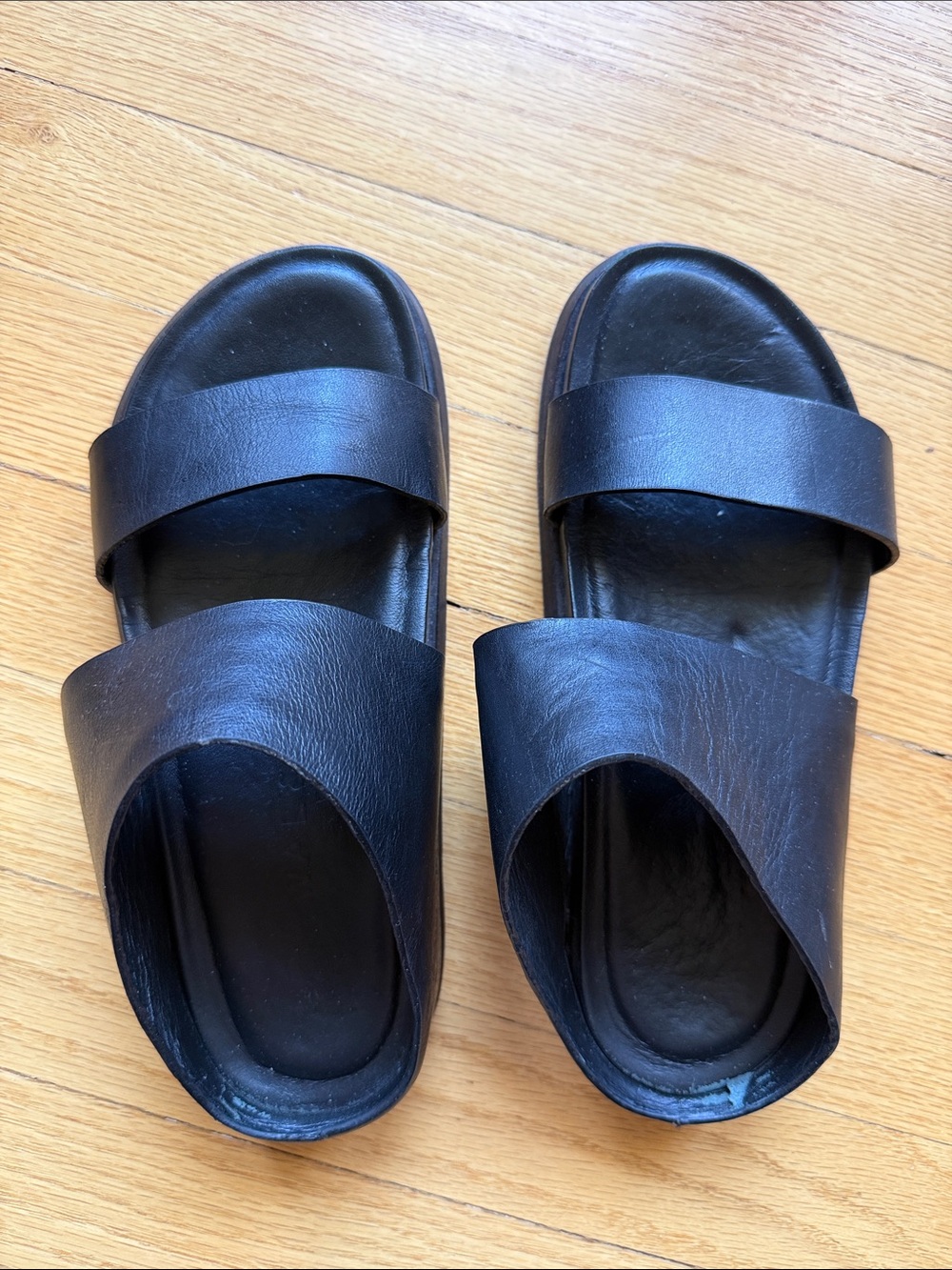 Genuine Leather Black Double-Strap Slide Sandals